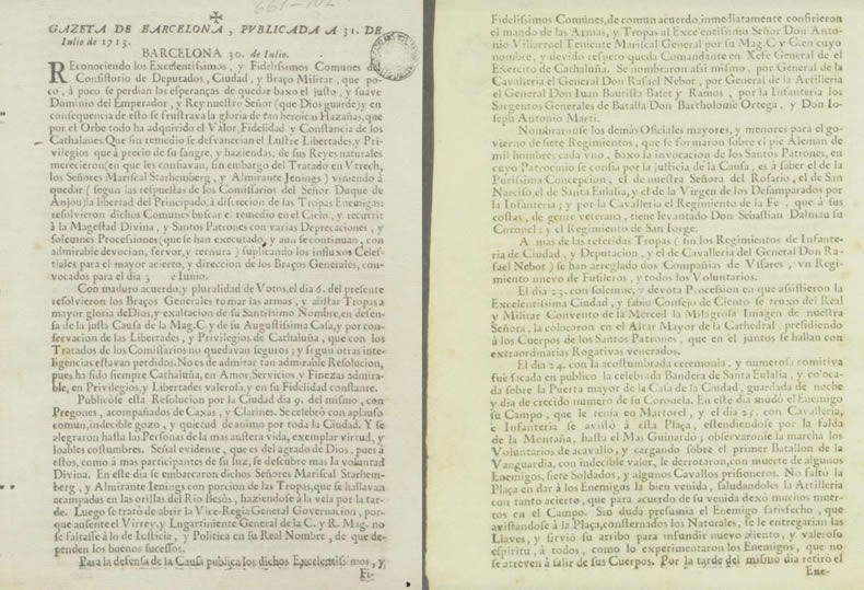Font: BC. Autor: Consejo de Ciento de Barcelona. Rafael Figueró impresor. Document citat a http://es.wikipedia.org/wiki/Ej%C3%A9rcito_de_Catalu%C3%B1a_(1713-1714) Gazeta de Barcelona